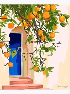 an orange tree with fruit hanging from it's branches and a window in the background