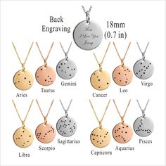 zodiac sign necklaces are shown with names and date in different languages, as well as the