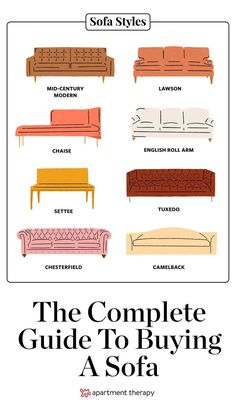 the complete guide to buying a sofa in different styles and colors, including oranges, yellows, browns, and pinks