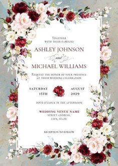 a wedding card with flowers and leaves on the front, in red and white colors