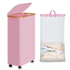 a pink trash can next to a white bag