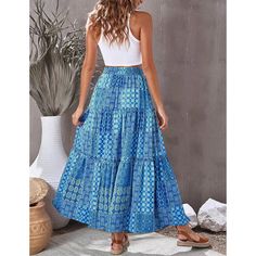 Blue Bohemia Print Tie Waist Maxi Skirt Printed Satin Dress, High Waisted Maxi Skirt, Tiered Maxi Skirt, Faux Leather Dress, Long Maxi Skirts, Google Lens, Flutter Sleeve Dress, 70 Dress, Long Maxi