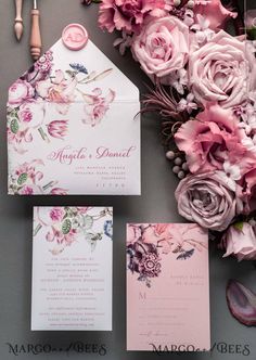 wedding stationery with pink flowers and calligraphy on the front, envelope and inside