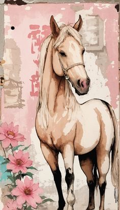 a painting of a white horse with pink flowers