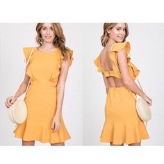 Bundle Discount ~ Save 10% Off On 2+ Items From My Closet Including Sale Items! This Listing Is For Mustard Color. //Details// -Flutter Sleeves -Cut Out Back -Stretchy, Thick Fabrication -Back Has 2 Zipper Closures -95% Polyester 5% Spandex -Made In China //Size + Fit// -Model Measurements In Fuchsia + Black: Height 5'8"; Bust 33", Waist 24", Hips 34" -Modeled In Size S //Measurements For S// -Bust: 27.5" -Waist: 26" -Length: 32" //Note// Actual Product's Color And/Or Print Placements May Differ Yellow Ruffle Hem Dress For Day Out, Yellow Dress With Ruffle Hem For Day Out, Fitted Mustard Dress With Ruffles, Chic Yellow Dresses With Ruffle Hem, Chic Mustard Dress For Day Out, Yellow Mini Dress With Ruffle Hem For Spring, Casual Yellow Dress With Flutter Sleeves, Yellow Fitted Dress With Flutter Sleeves, Fitted Mustard Mini Dress For Day Out