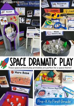 this is a collage of pictures showing different activities for kids to play in the space