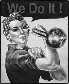 a black and white drawing of a woman holding a ball with the words we do it