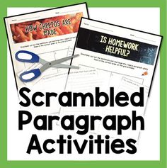 two pictures with the words scrambled paragraph activities on them, and an image of a pair of scissors