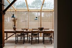 a dining room table and chairs in front of a window