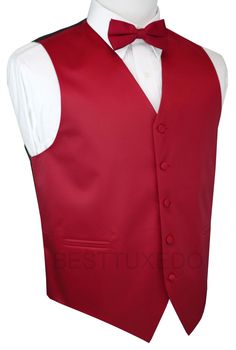 a red vest with white shirt and bow tie