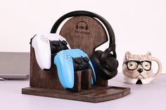 a wooden stand with headphones on it