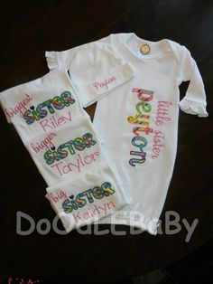 This new baby sibling set will announce to everyone their place in the family!! I can do "biggest", "bigger", "big", and "little"!  Great shower gift or hospital gift for the older siblings!  Colors can be changed or may be different than photos.  Order one shirt, two, three or all. Shirts can be short sleeve or long sleeve. Baby gowns only come in long sleeve.The design is embroidered on a white 100% cotton, boutique quality shirts and gowns. Please message me with any custom request prior to p White Cotton Birthday Set, Fun Cotton Sets For Birthday, White Sets With Letter Print For Birthday, Long Sleeve Cotton Set For Birthday, Cotton Long Sleeve Sets For Birthday, Customizable Fitted Cotton Sets, Personalized White Cute Sets, Baby Messages, Hospital Gifts