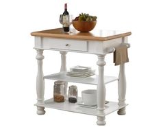 a white table with two shelves and a bowl of fruit on top, next to a bottle of wine