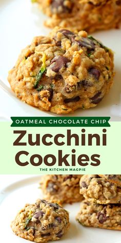 zucchini cookies on a plate with the title text overlay reads oatmeal chocolate chip zucchini cookies