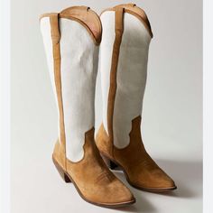 -“Leslie” Style -Pull-On Below Knee Cowboy Boots -Pointed Toe -Sturdy Heel -Off-White Canvas Twill With “Wheat” Color Genuine Suede Upper -Lined In Leather And Synthetic Materials -New With Original Box, Never Worn! -Pet Free, Smoke Free Home Summer Cowboy Boots, Tan Cowboy Boots, Urban Outfitters Boots, Tall Cowboy Boots, Summer Cowboy, Platform Boots Chunky, Urban Outfitters Shoes, Sparkle Shoes, Embroidered Boots