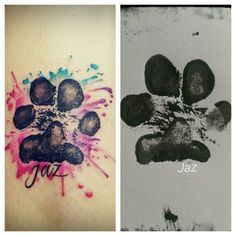 two pictures one with a dog paw and the other with a hand print on it