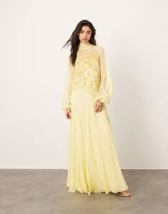 ASOS EDITION applique floral tie neck blouson sleeve trapeze maxi dress in soft yellow | ASOS Flowy Spring Dress With Blouson Sleeves, Flowy Blouson Sleeve Dresses For Spring, Spring Party Dress With Blouson Sleeves, Spring Wedding Dress With Blouson Sleeves, Spring Maxi Dress With Blouson Sleeves, Elegant Yellow Maxi Dress For Spring, Feminine Yellow Maxi Dress, Spring Party Maxi Dress With Blouson Sleeves, Elegant Spring Dresses With Blouson Sleeves