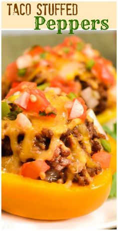 taco stuffed peppers on a white plate with the title in the middle above it