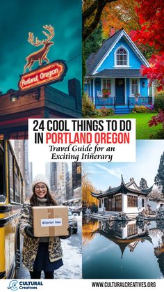 A collage featuring a Portland, Oregon neon sign, a cozy blue house surrounded by autumn leaves, and a traditional Japanese garden, representing 24 Cool Things To Do In Portland Oregon. Portland Travel, Cool Things To Do, Travel House, Downtown Portland, Pacific Nw, Perfect Itinerary, Oregon Travel