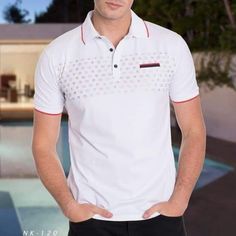 95% Cotton, 5% Polyester Mid Chest Pattern Design Side Fake Pocket For Design Purposes Colored Stripe On Sleeves And Neckline Top Button Up Closure White Casual Polo Collar Shirt, White Collared T-shirt For Summer, White Collared T-shirt For Spring, Casual White Shirt With Collared Neckline, White Casual Tops With Collared Neckline, White Casual Top With Collared Neckline, White Casual Collared Top, White Cotton Top With Casual Collar, White Polo Shirt With Collared Neckline For Spring