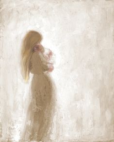 a painting of a woman holding a baby in her arms and wearing a white dress