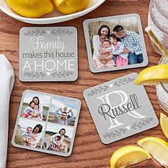 personalized coasters with family photos and lemons on a table next to a bowl of fruit