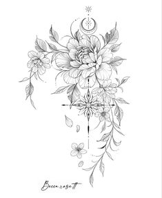 a black and white drawing of flowers