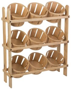 a wooden rack with six baskets on it and two rows of empty bowls in the bottom