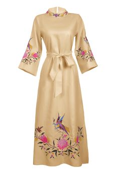 This maxi dress is designed with 3/4 sleeves, a round neck, and exquisite floral embroidery, perfect for adding an air of luxury to any wardrobe. 100% Cotton Poppin Maxi Dress Loose Kaftan like Long Sleeves Back Zipper Closure 2 Side Slits and a Detachable Belt Made to Order Length: 145 cm Spring Embroidered Half Sleeve Dresses, Half Sleeve Embroidered Spring Dress, Half Sleeve Embroidered Dress For Spring, Beige Floral Embroidery Maxi Dress, Elegant Embroidered Half Sleeve Dress, Elegant Embroidered Half-sleeve Dress, Spring Wedding Maxi Dress With 3/4 Sleeves, Spring Beige Embroidered Maxi Dress, Spring Embroidered Long Maxi Dress