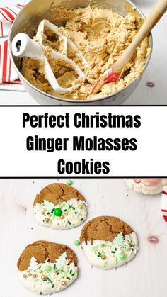 ginger molasses cookies with white frosting and sprinkles in a pan