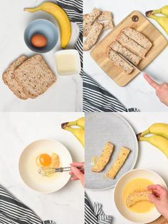 the process of making peanut butter banana bread is shown in four different pictures, including bananas and eggs