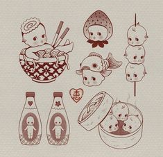 an image of baby food and drinks in the shape of hearts on paper with red ink