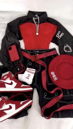 Black And Red Outfit Baddie, Red And Black Outfits Baddie, Outfit Dark, Cute Nike Outfits, Fasion Outfits, Cute Dress Outfits, Tomboy Style Outfits, Swaggy Outfits