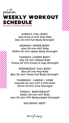 the weekly workout schedule is shown with pink and white stripes on it's side