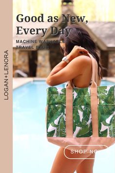 a woman standing next to a swimming pool with a bag on her shoulder and the words good as new, every day machine washable travel bag