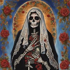 a painting of a skeleton with roses around it