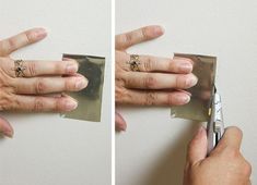 two pictures of hands holding a piece of metal