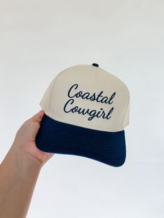 Coastal Cowgirl Embroidered Baseball Hat Adjustable Snapback Color: Cream & Navy Blue Adjustable Blue Trucker Hat With Embroidered Logo, Navy Spring Cap, Navy Adjustable Baseball Cap For Spring, Adjustable Navy Embroidered Hat, Trendy Blue Hats With Embroidered Logo, Casual Blue Embroidered Trucker Hat, Retro Cotton Hat, Blue Flat Brim Hat With Letter Print, Blue Short Brim Snapback Hat For Spring