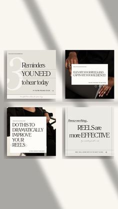 four different types of business cards with text on them