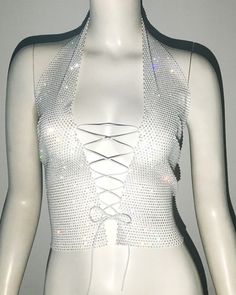 Style: Sexy Fit: Slim Fabric: Polyester Pattern: Non Element: Rhinestone,Lace/Tulle/Fishnet,Backless,Lace up Top Length: Crop Neckline: Halter Product Type: Halter Tank Main Composition: Polyester Season: Summer Stretch Rhinestone Crop Top For Club, Stretch Rhinestone Crop Top For Party, Summer Party Fishnet Crop Top, Summer Party Fishnet Tops, Stretch Rhinestone Crop Top For Night Out, Summer Club Tops With Rhinestone Fringe, Rhinestone Crop Top For Club Parties, Rhinestone Crop Top For Club And Party Season, Rhinestone Crop Top For Club Party Season