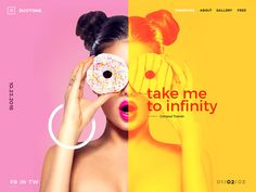 a woman holding a donut in front of her face with the words take me to infinity