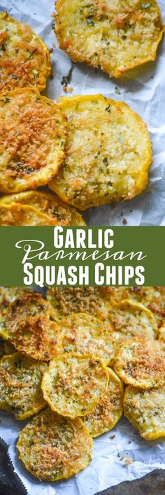 garlic and parmesan squash chips on a sheet of paper with the title above it