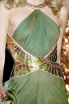 Satine Kryze, Green And Gold Dress, Therapy Website, Runway Details, Embroidery Fashion, Lulu Dresses, Gold Dress, Roberto Cavalli