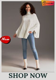 Long Sleeve High Neck Loosen Solid Daily Sweater White Stretch Cozy Outerwear, White Long Sleeve Poncho For Fall, White Fall Poncho, Casual White Poncho For Fall, White Casual Winter Poncho, Casual White Winter Poncho, Pullovers For Women, Unique Designers, Women Pullover