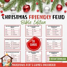 the christmas friendly feud bible game is shown in red and white with ornaments around it