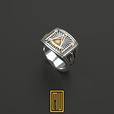 "The Details of the Ring - Main body 925k Sterling Silver - 3 x 0,05cr Real Diamond, on sun and pillars - Past Master symbol (14k Rose gold) - Coffin and Trowel symbol (14k Rose gold) - Two Pillars (14k Rose gold) - \"Pastmaster\" is written inside Made entirely in the ISTANBUL The General Details: The rings are specially designed with Masonic symbols that has never seen before. In addition to the symbols of the top face and the side faces, there are special texts and most of them are ambigrams Sun Ring Men, Spiritual Signet Ring With Polished Finish, Luxury Symbolic Signet Ring For Men, Masonic Rings Jewelry For Men, Luxury Men's Yellow Gold Spiritual Ring, Ring Unique Design, Masonic Jewelry, Masonic Symbols, Masonic Ring