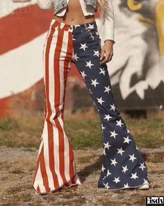 Fisdy - Vaqueros acampanados con bandera del Día de la Independencia Striped Flare Pants, Casual Country Outfits, Independence Day Flag, Womens Flare Jeans, Southern Outfits, Country Style Outfits, Western Wear Outfits, Cute Country Outfits, Looks Country