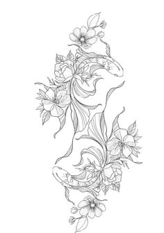 a drawing of flowers and leaves on a white background