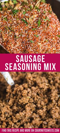 sausage seasoning mix in a skillet with text overlay