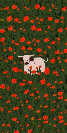 a dog is laying down in the middle of some red flowers and green grass with an animal on it's back